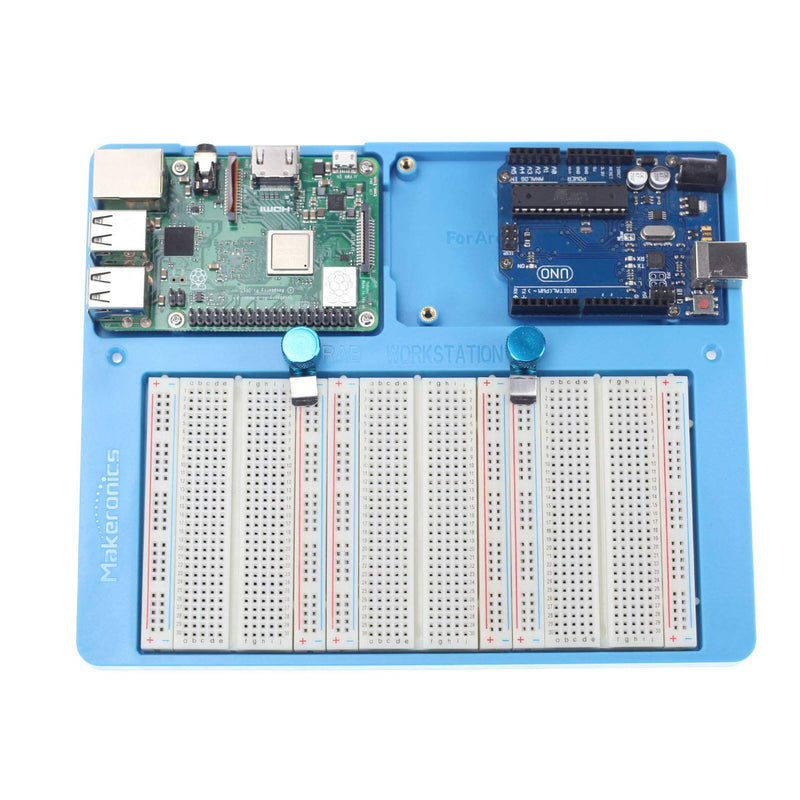  [AUSTRALIA] - Makeronics 7 in 1 Blue Breadboard Holder Raspberry Pi 4 Holder + 1200 Breadboard+Electronics Fun Kit|Power Supply Module| Precision Potentiometer and More for Prototyping Circuit/Arduino/Raspberry Pi