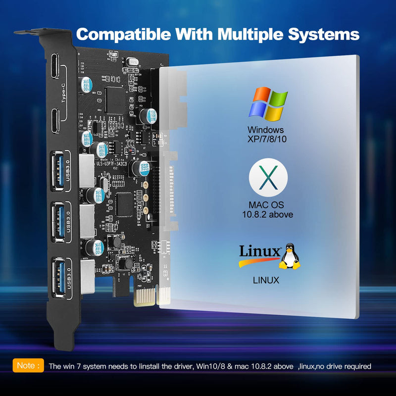  [AUSTRALIA] - PCI-E x 1 to USB Expansion Card, USB 3.0 5Gpbs(3 x USB A - 2 x USB C - 1 x Internal 19-Pin Header) - USB PCI Express Card, PCIE Motherboard Card for PC Desktop, Support Windows Mac OS Linux 3 x USB A - 2 x USB C - 1 x Internal 19-Pin Header