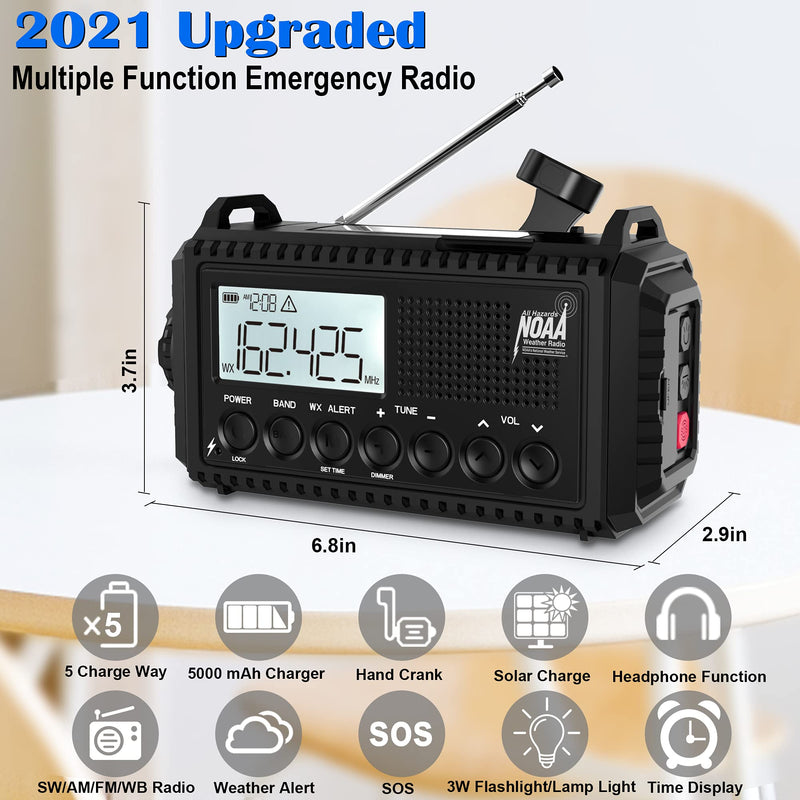  [AUSTRALIA] - NOAA Weather Radio, 5000mAh Emergency Hand Crank Radio with Solar Charging & Battery Operated, Auto Scan AM/FM/SW Radio with LED Flashlight for Outdoor Camping, USB Charger, SOS Alarm, Headphone Jack black