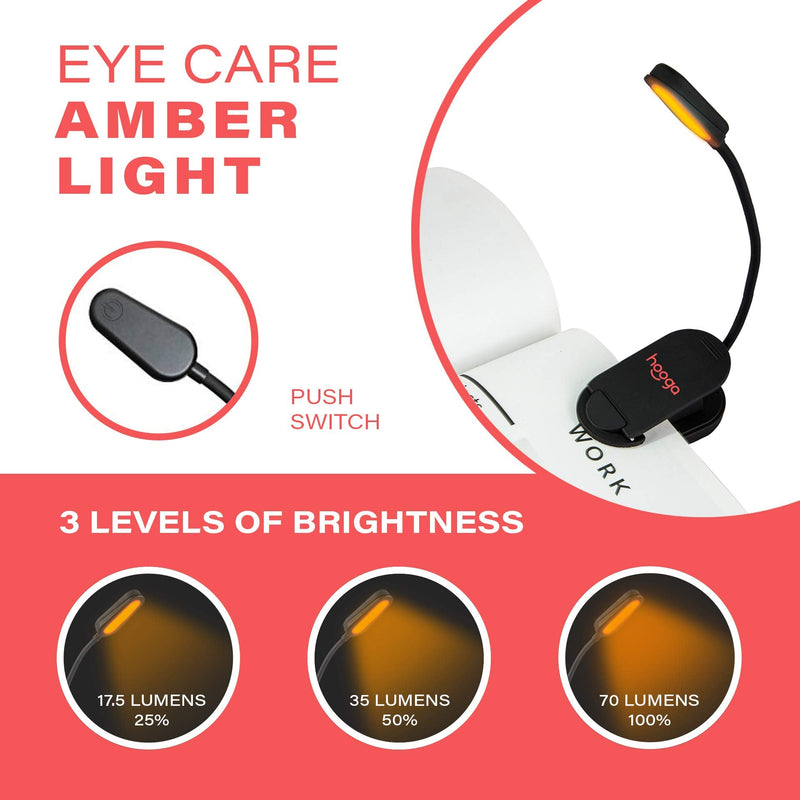  [AUSTRALIA] - Book Light, Amber, Rechargeable, Blue Light Blocking Clip-On LED Reading Light by Hooga. 3 Brightness. 1600K Temp. Eye Care Light for Strain-Free, Healthy Eyes. Gift for Students, Kids, Book Worms. Amber Light