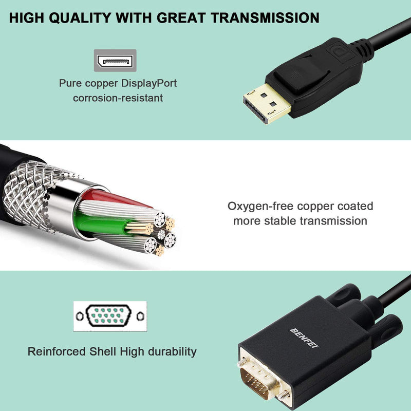  [AUSTRALIA] - DisplayPort to VGA Adapter, Benfei DP DisplayPort to VGA 6 Feet Cable Male to Male Gold-Plated Cord Compatible for Lenovo, Dell, HP, ASUS and Other Brand 1 PACK