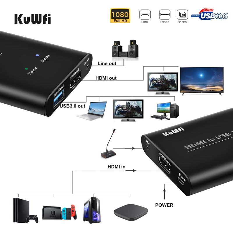  [AUSTRALIA] - KuWFi Game Video Capture Device Card HDMI to USB3.0 HD Video Converters Game Streaming Live Stream Broadcast HD 1080P with MIC Input&Live Out for PS4/Switch/Xbox/skype
