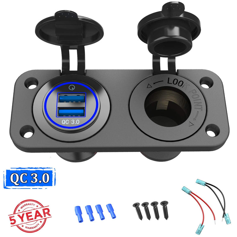  [AUSTRALIA] - QC 3.0 USB Outlet 12V Boat Marine Waterproof Cigarette Lighter Socket Splitter 12 Volt DC Power Charger Adapter DIY Kit with Blue LED Dual USB Ports for Rocker Switch Panel on Car RV Golf Cart ATV