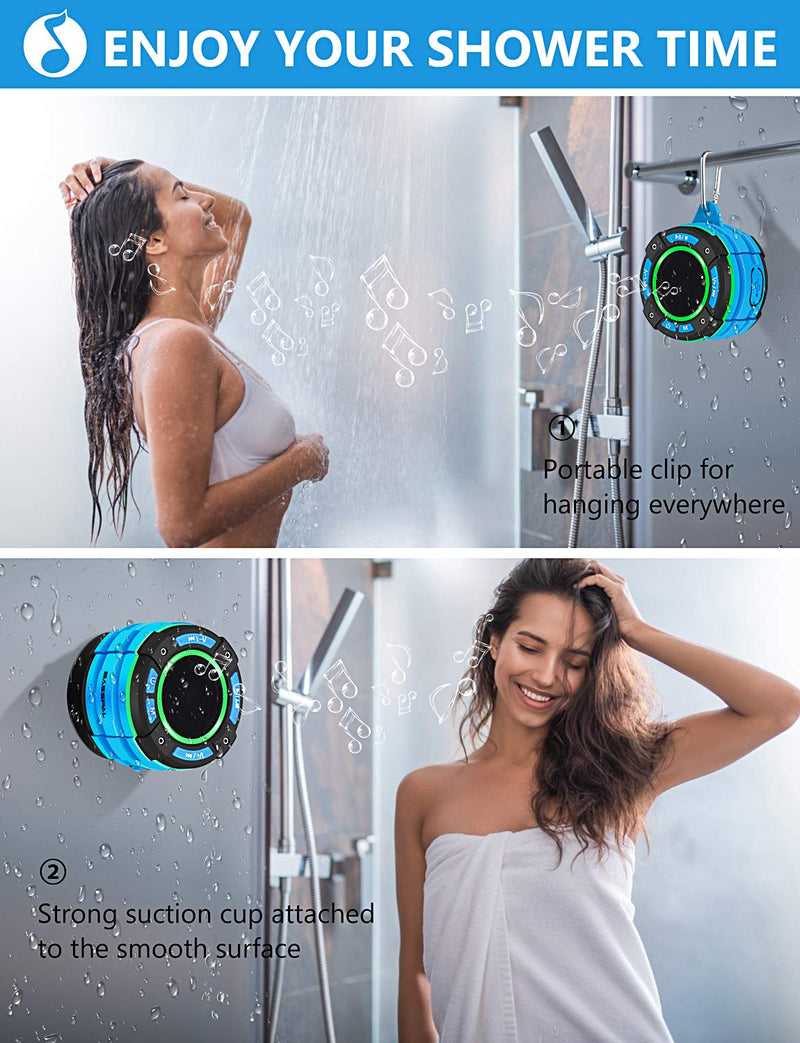 BassPal IPX7 Waterproof Bluetooth Shower Speaker, Portable Bluetooth Speaker with Loud HD Sound, LED Light Show, FM Radio, Suction Cup, Sturdy Hook, Wireless Speaker for Sports Home Pool Beach Hiking - LeoForward Australia