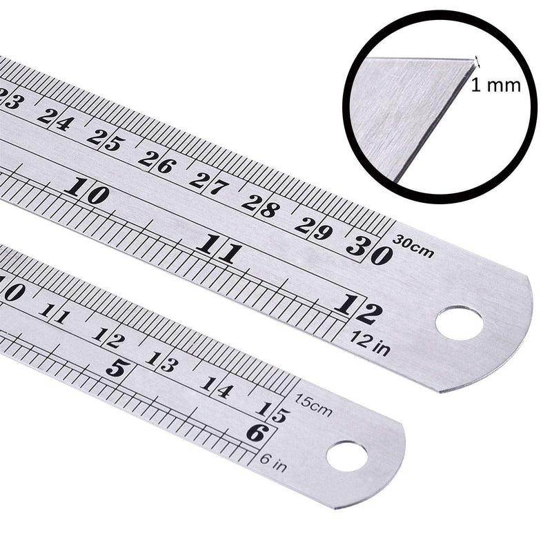  [AUSTRALIA] - 2 Pack Straight Rulers, Stainless Steel 6 and 12 Inches(15 and 30cm) Measuring Ruler Tool