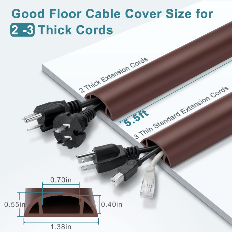  [AUSTRALIA] - 5.5FT Cord Cover Floor, Brown Cord Hider Floor, Extension Cable Cover Power Cord Protector Floor, Cable Management Hide Cords on Floor - Soft PVC Wire Covers - Cord Cavity: 0.7" (W) x 0.4" (H) 5.5 feet
