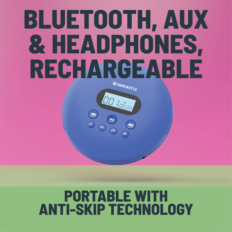  [AUSTRALIA] - Oakcastle CD100 Portable Bluetooth CD Player | 12hr Portable Playtime | in Car Compatible Personal CD Player | Headphones Included, AUX Output, Anti-Skip Protection, Rechargeable, CD Walkman in Blue