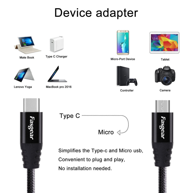  [AUSTRALIA] - Fasgear USB C to Micro USB Cable 30cm Nylon Braided Type C to Micro USB Cord Compatible with Galaxy S7/S6, HTC One/10 and More (Black, 1ft) Black