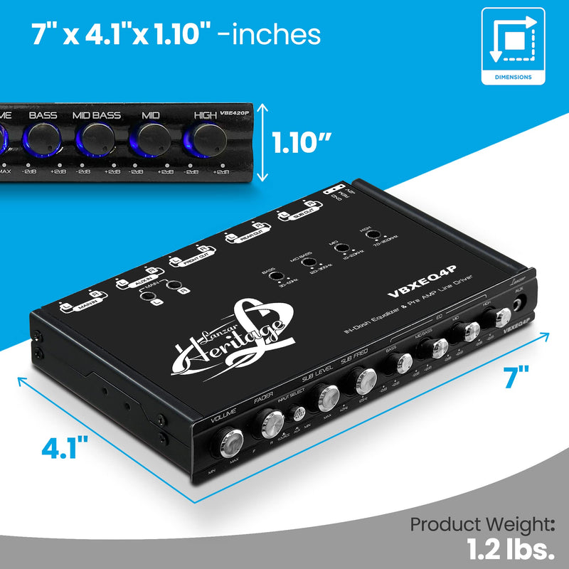  [AUSTRALIA] - 4 Band Adjustable Parametric Equalizer - 7 Volt RMS Pre-Amp Output with Subwoofer Gain Control and 3 Input Sources Selectable, Pre-amp Line Aux Inputs Via RCA & Phone Jacks - VBXEQ4P