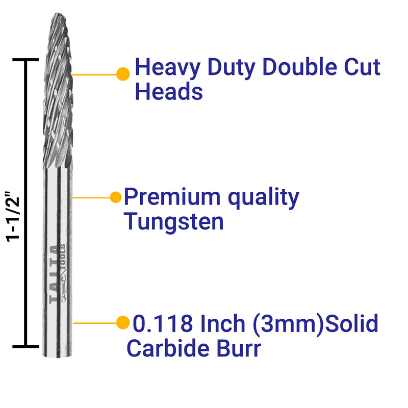 10PC Double Cut Carbide Burr Set - 0.118" (3mm) Shank, Rotary Tool Cutting Burrs - Dremel Accessories, Fordom, Flex Shaft, Dewalt And Die Grinders - For Wood Carving, Metal Working And Engraving. - LeoForward Australia