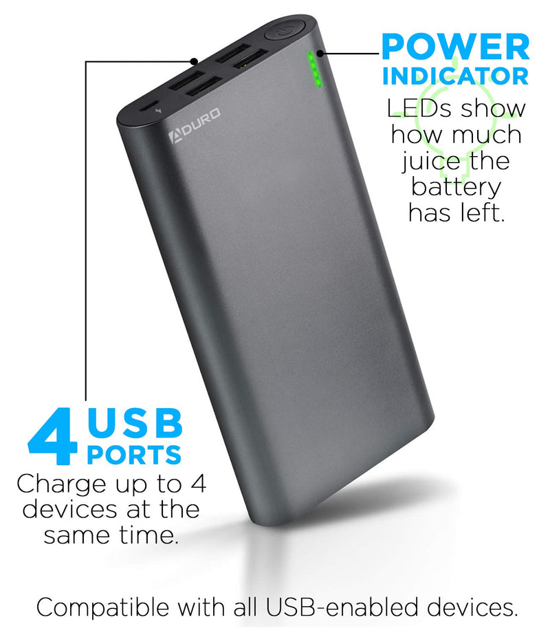 Aduro Portable Charger 4 USB Port Power Bank 20,000mAh External Battery Pack Phone Charger for Cell Phones, iPhone, iPad, Samsung Galaxy, Android, and USB Devices (Black) Black - LeoForward Australia