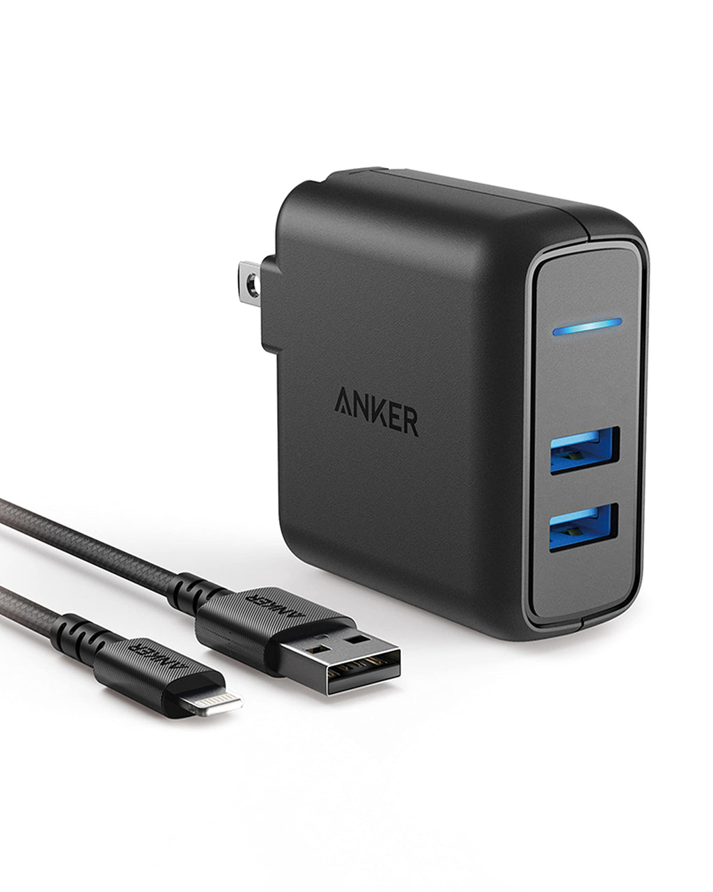  [AUSTRALIA] - Anker PowerPort 2 Elite Dual Port 24W USB Wall Charger with Foldable Plug, and Nylon Cable with Lighting Connector (3ft/0.9m), for iPhone 11/Xs/XR/X/8/7/6/Plus, iPad Pro/Air 2/Mini 3/Mini 4, and More