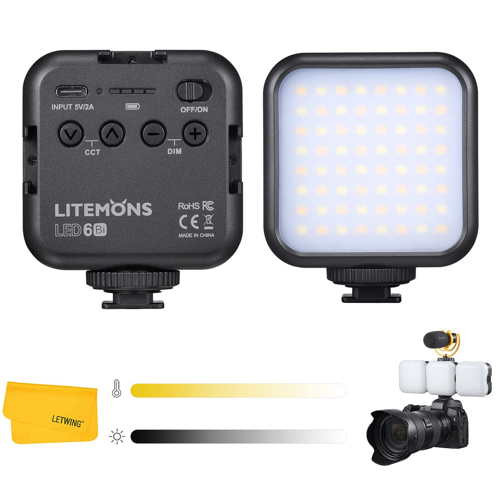  [AUSTRALIA] - GODOX LED6Bi LED Video Light,Rechargeable Bi-Color Temperature LED Camera Light,Mini Fill-in Light 3200K-6500K Dimmable Support Magnetic Adsorption with 3 Cold Shoe Mounts for Vlog Live Streaming