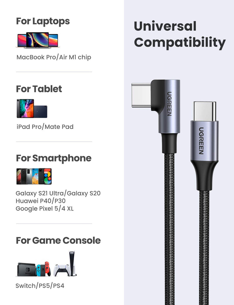 UGREEN USB C to USB C Cable Right Angle 2-Pack, Type C 60W PD Fast Charging Cord Compatible with MacBook Air/Pro, iPad Air/Pro 2020, Samsung Galaxy S21/S20/Note 20,Google Pixel 4/3, LG,Switch 3FT - LeoForward Australia