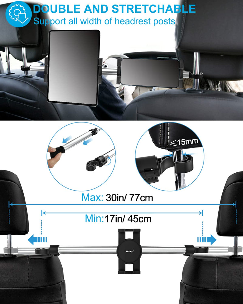  [AUSTRALIA] - Car Headrest Tablet Mount, woleyi Between BackSeat Tablet Holder, Rear Seat Tablet Stand Cradle for Kids Compatible iPad Pro Air Mini, iPhone, Galaxy Tabs, Switch, More 4-12.9" Cell Phones and Tablets