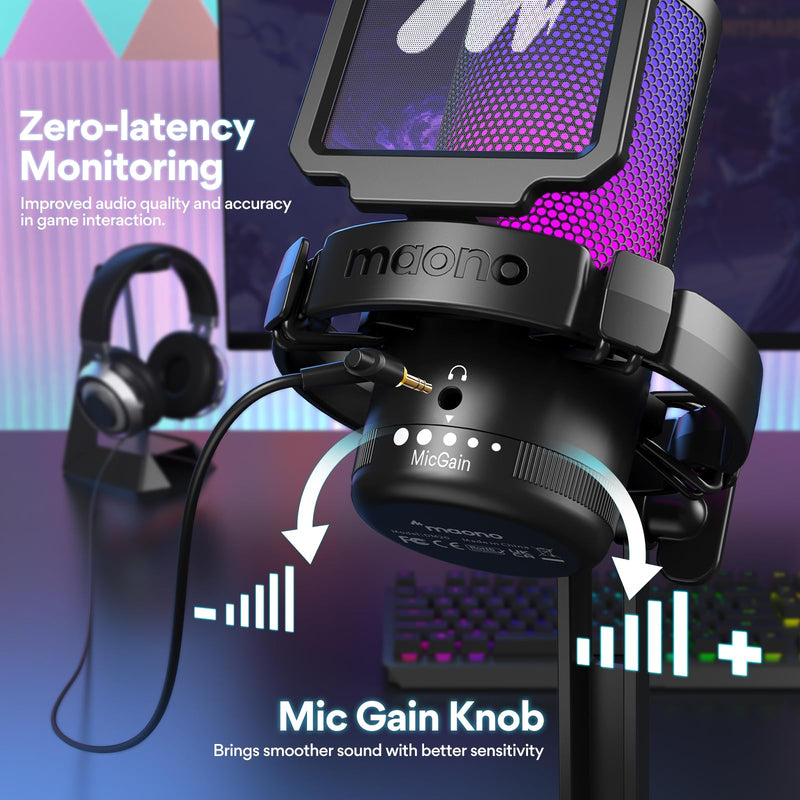  [AUSTRALIA] - MAONO USB Gaming Microphone for PC, Noise Cancellation Condenser Mic with RGB Lights, Mute, Gain for Streaming, Recording, Podcast, Chat, Twitch, YouTube, Discord, Computer, PS5, PS4, GamerWave Gaming Microphone Black