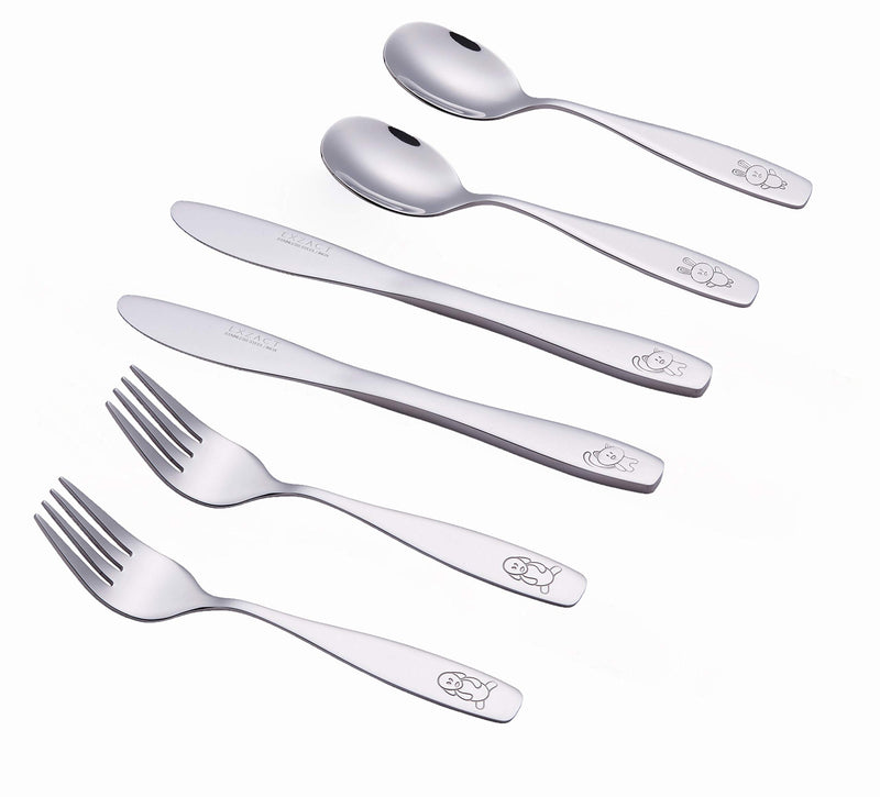  [AUSTRALIA] - Annova Children's Flatware 6 Pieces Set - Stainless Steel Cutlery/Silverware 2 x Children Safe Forks, 2 x Safe Table Knife, 2 x Tablespoons - Kids Toddler Utensils Lunch Box (Engraved Dog Cat Bunny)