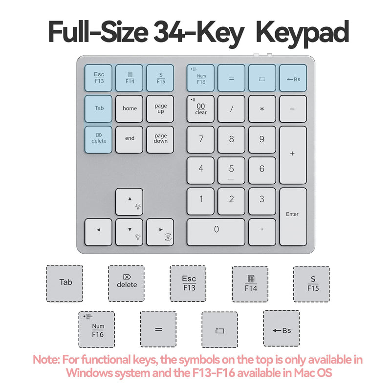  [AUSTRALIA] - Doohoeek Backlit Bluetooth Numeric Keypad for Laptops and Computers, Number Pads 34 Keys with 7-Color Backlight for MacBook & Windows, Silver White