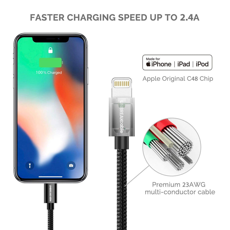 UNBREAKcable iPhone Charger Cable - [Apple MFi Certified] 6.6ft/2m Nylon Braided Apple Charger Lead USB Fast Charging Lightning Cable for iPhone 11/11 Pro/Max/SE 2020/X/XS/XR/XS Max/8/7/6 Plus, iPad 1 pack: 2M Black - LeoForward Australia