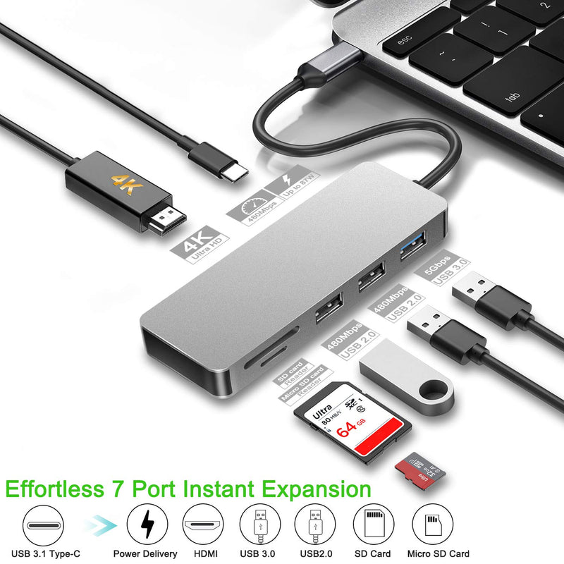 USB C Hub,7-in-1 Type C Adapter with 4K USB C to HDMI,USB C Charging Port,1 USB 3.0 Port,2 USB 2.0 Ports,SD/TF Card Reader,Compatible for MacBook Pro 2016/2017/2018,MacBook air 2018,XPS and More Space Grey - LeoForward Australia
