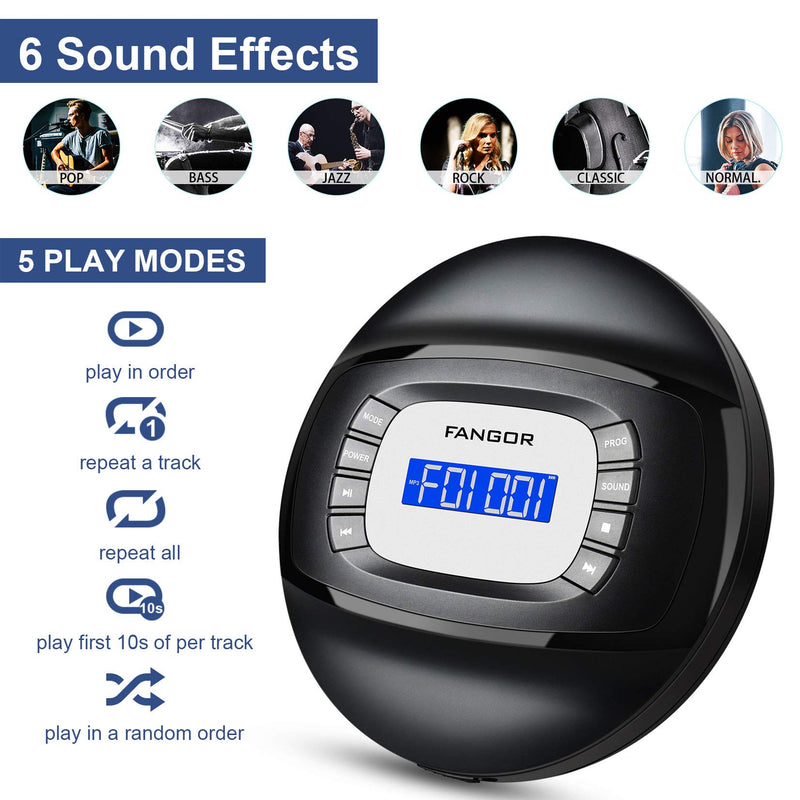  [AUSTRALIA] - Rechargeable CD Player, Portable CD Player with Headphone, Anti-Skip/Shockproof CD Walkman for Kids, Car and Travel Black