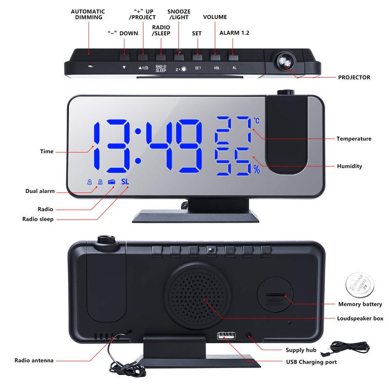  [AUSTRALIA] - Number-One Projection Digital Alarm Clock for Bedrooms, FM Radio Alarm Clock, 7.5'' Dual Alarms with Snooze, USB Charging Port, Temperature & Humidity Display, 180° Rotable, 4 Dimmer, 12/24 Hours