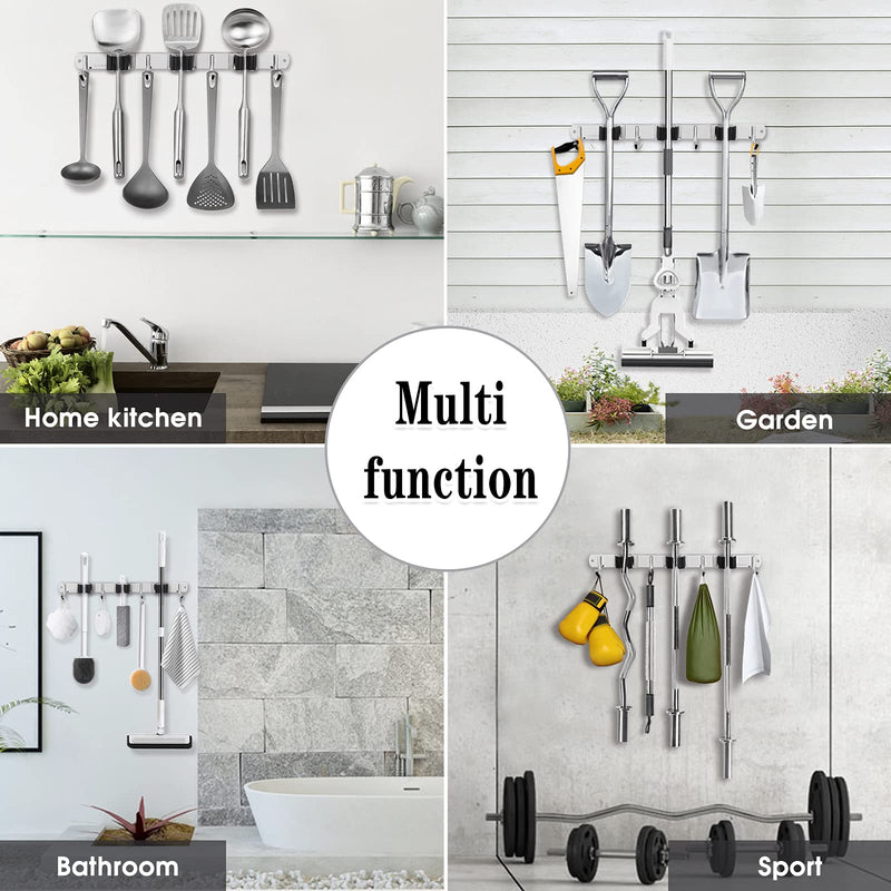  [AUSTRALIA] - 3 Racks and 4 Hooks Broom and Mop Holder Wall Mounted Garage Organizer Storage Tool Racks Stainless Steel Heavy Duty Hooks Self Adhesive Solid Non-slip Wall Hangers for Home Kitchen Garden Laundry 1 Pack 3 Racks & 4 Hooks