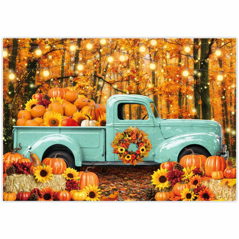  [AUSTRALIA] - Funnytree 84" x 59" Autumn Forest Blue Truck Backdrop for Portrait Photography Picture Fall Harvest Pumpkin Farm Thanksgiving Day Baby Shower Friendsgiving Party Supplies Decoration Banner Background