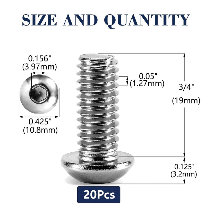  [AUSTRALIA] - 1/4-20 x 3/4" Button Head Socket Cap Bolts Screws, 20Pcs 304 Stainless Steel 18-8, Allen Hex Drive, Bright Finish by SG TZH(with Hex Spanner) 20 1/4-20 x 3/4"