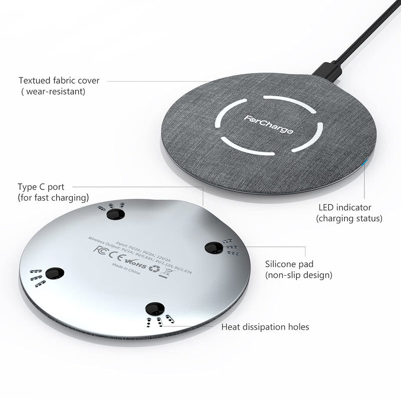  [AUSTRALIA] - Flat Fabric Wireless Charger, 15W Super Slim Universal Wireless Charging Pad for iPhone 14/13/12/11/XR/X/8, Android Wireless Charger for Galaxy S21/S20 Ultra/S10/Note 10, Pixel 5/4 XL (No AC Adapter)