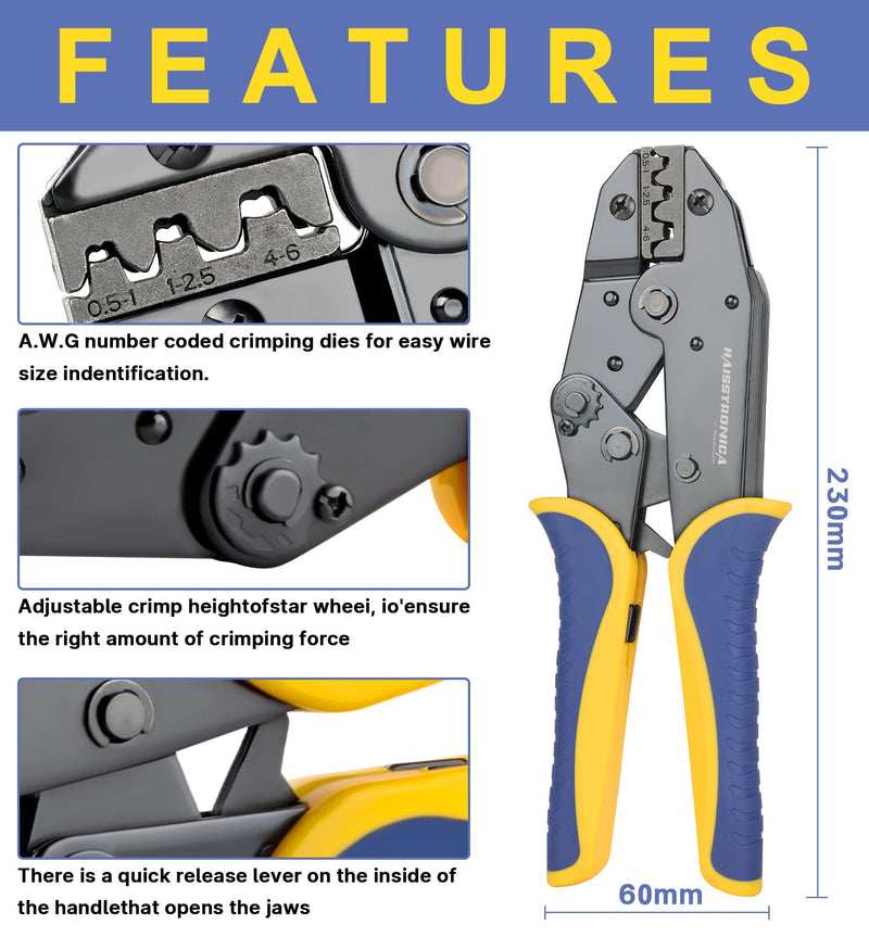  [AUSTRALIA] - Haisstronica Crimping Tool for Non-Insulated Open Barrel Terminals Receptacles,AWG 20-10 Ratchet Wire Crimper Tool,Wire Terminal Crimper HS-5327