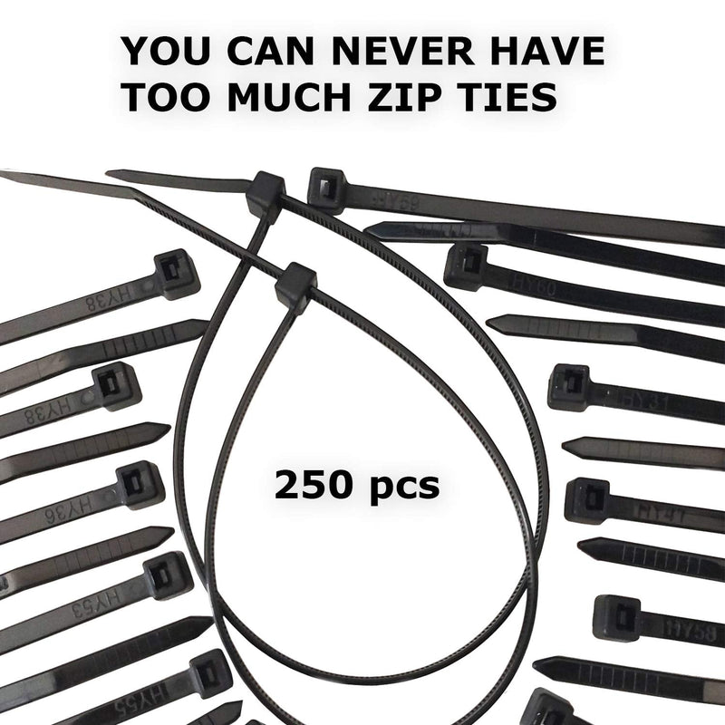  [AUSTRALIA] - 250 Pack Heavy Duty Black Cable Zip Ties. 12 by 0.18 Inch Wide Nylon Tie. Zipties for Indoor or Outdoor Wire Management for Large Thick Electrical Cables to Small Assorted Sizes Bulk Computer Cords. 12 Inches 250 pcs