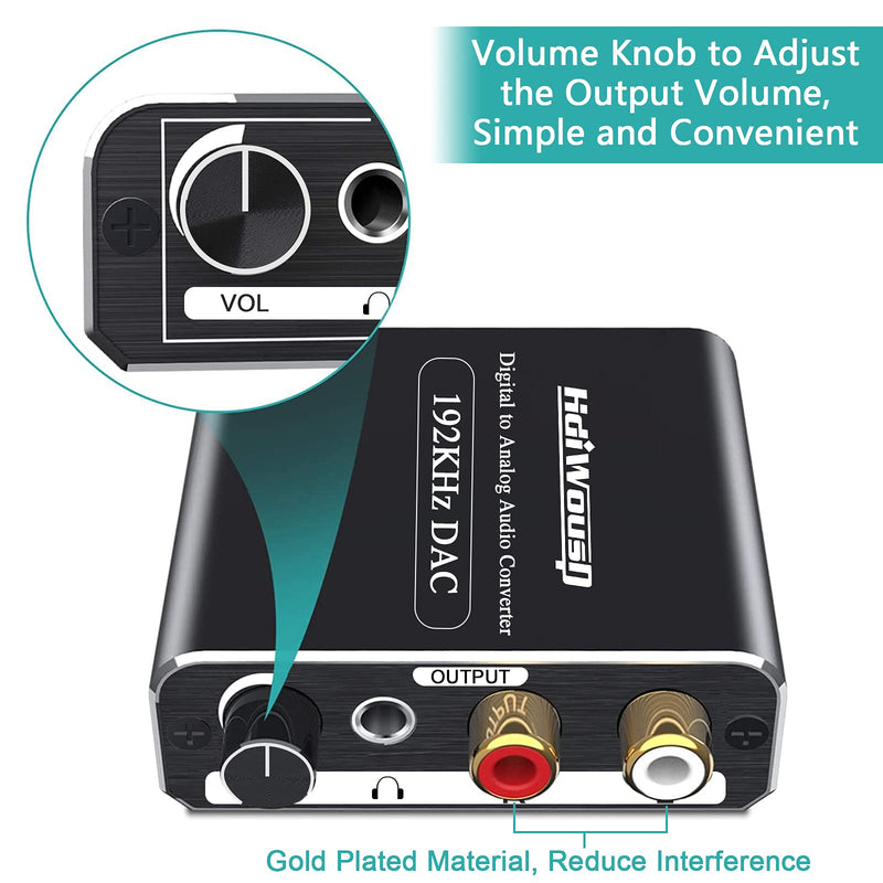  [AUSTRALIA] - Digital to Analog Audio Converter, Hdiwousp 192kHz Aluminum DAC Converter Volume Control, Digital Optical Coaxial Toslink to Analog Stereo L/R RCA 3.5mm Adapter for TV DVD PS4 Xbox Amp Cinema optical to rca converter