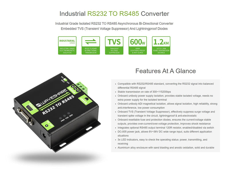  [AUSTRALIA] - Waveshare Industrial Grade Isolated RS232 to RS485 Converter with ADI Magnetical Isolation
