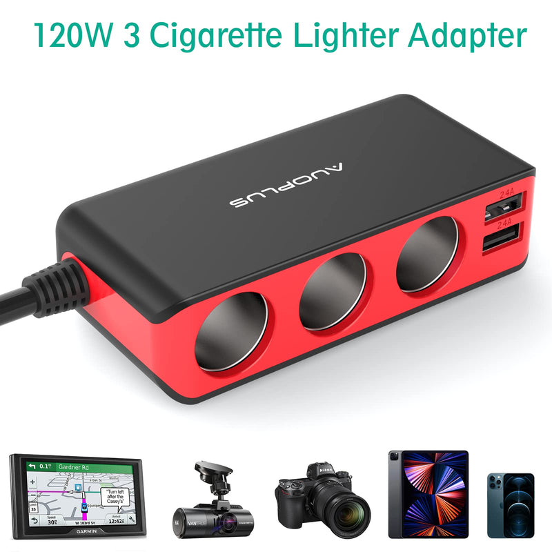  [AUSTRALIA] - AUOPLUS 120W 3 Socket Cigarette Lighter Splitter Car Charger Adapter, LED Voltage Display Dual 4 USB Chargers(6.8A), Car Charger On/Off Switches 12V for iPhone iPad Samsung GPS Dashcam Black+Red-1