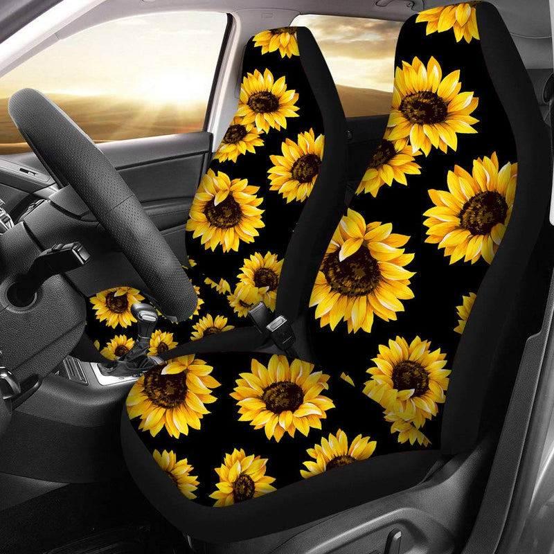  [AUSTRALIA] - BIGCARJOB Car Seat Cover Front Saddle Blanket Comfort Covers Yellow Sunflower Print for Women Decorative Pack of 2 Sunflower Black