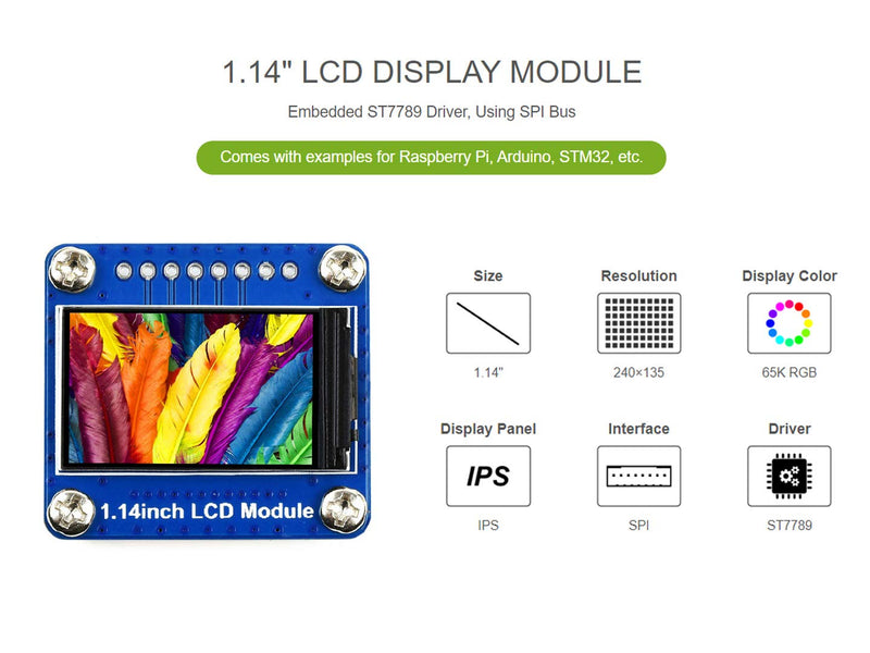 [AUSTRALIA] - Waveshare 1.14inch LCD Display Module IPS Screen with 65K RGB Colors 240×135 Resolution SPI Interface