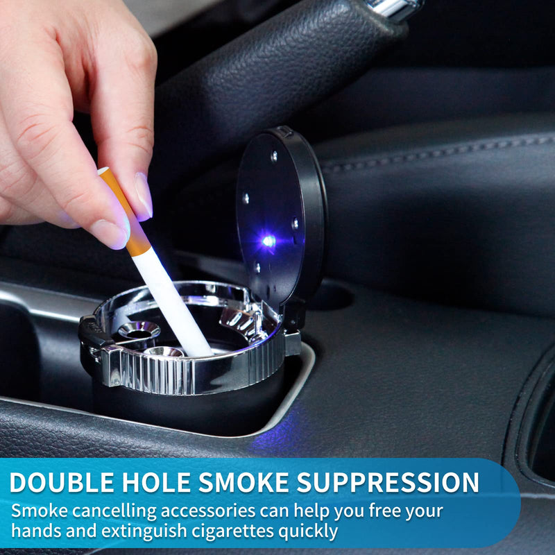  [AUSTRALIA] - AUSZUOI Car Ashtray withLid Smell Proof(2-Pack),Portable Ashtray,Easy Clean Up Detachable Ashtray,LED Blue Light, Windproof for Outdoor Travel, Home Use(Silver)
