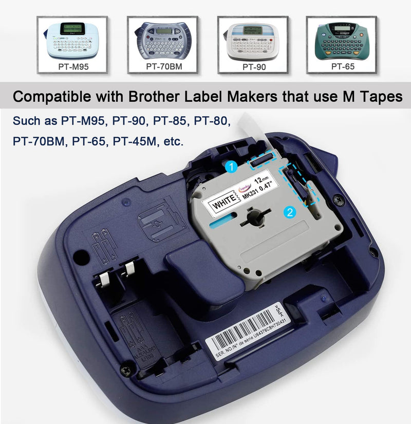  [AUSTRALIA] - 8-Pack Anycolor M-K231 Label Tape Replacement for Brother P Touch M Tape M231 M-231 MK231 M-K231s 12mm 0.47 White M Tape for Brother Label Maker PT-M95 PT-75 PT-70 PT-65 PT-45 85, Black on White 8