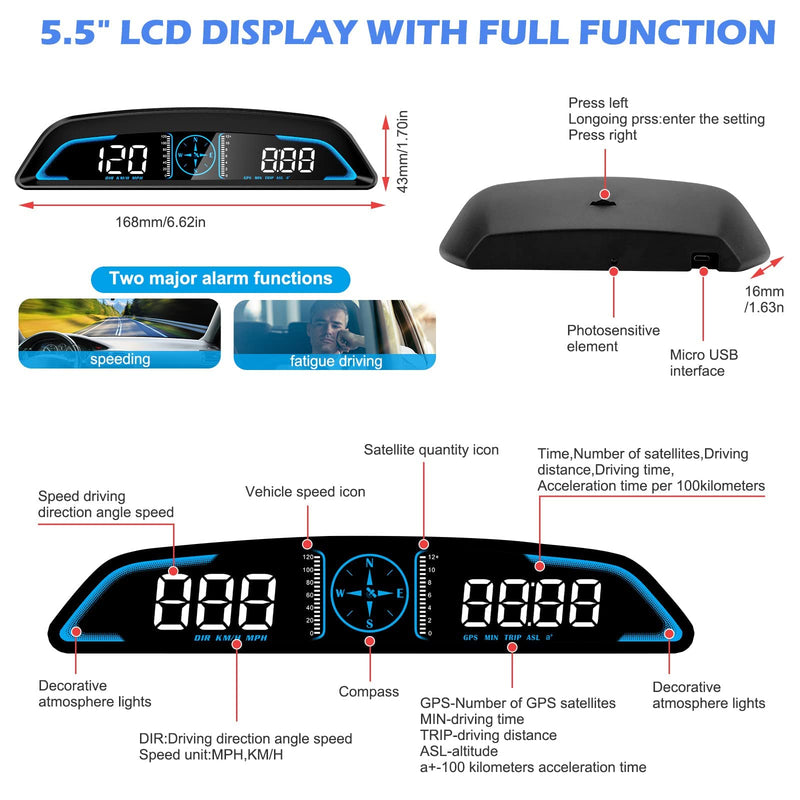  [AUSTRALIA] - Number-one Digital GPS Speedometer Auto Car HUD Head Up Display with Speed KMH & MPH, OverSpeed Alarm, Fatigue Driving Warning, Navigation Compass, 5.5" LCD Screen, USB Plug & Play, for All Vehicle