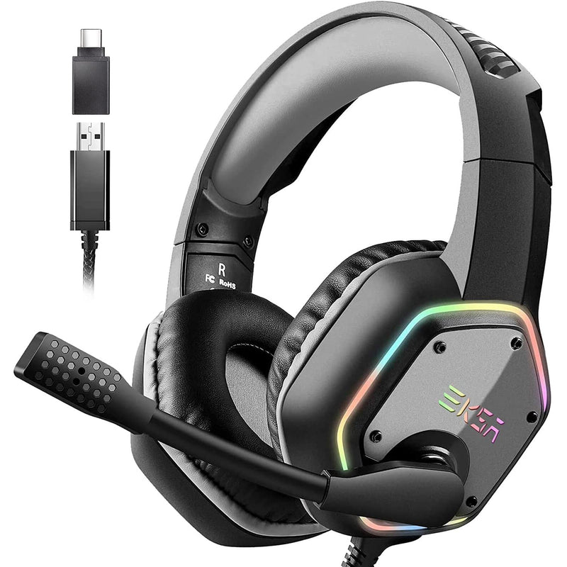  [AUSTRALIA] - EKSA USB Headset for Computer, Laptop, PC - Headphones with Noise Cancelling Microphone/Mic, 7.1 Surround Sound, RGB Light, Wired Headset for Skype, Zoom, Call Center, Meetings, Webinar, Home