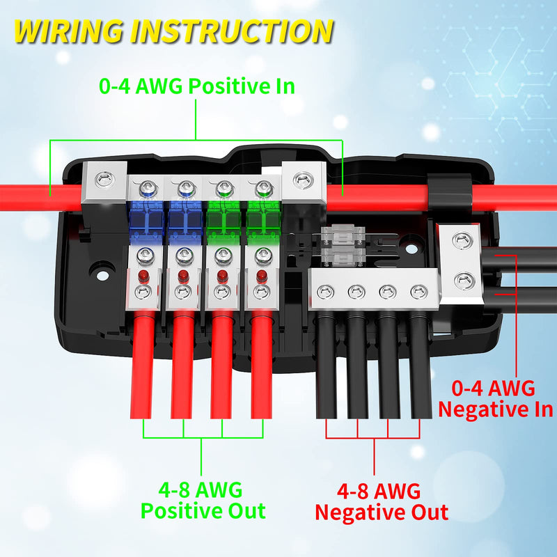  [AUSTRALIA] - Joinfworld Fused Power Distribution Block Car Audio 4 Way MIDI(Mini-ANL) Fuse Block 12V 0/4 Gauge with Ground for Auto UTV Boat Stereo Amp