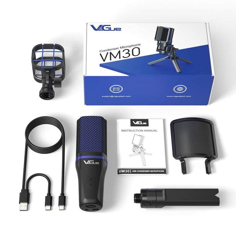  [AUSTRALIA] - USB Microphone for PC PS5, VeGue Computer Gaming Condenser PC Mic with Quick Mute, Indicator, Tripod Stand, Pop Filter, Shock Mount, for Twitch Streaming, Podcasting, Chatting, Recording, VM30 Blue