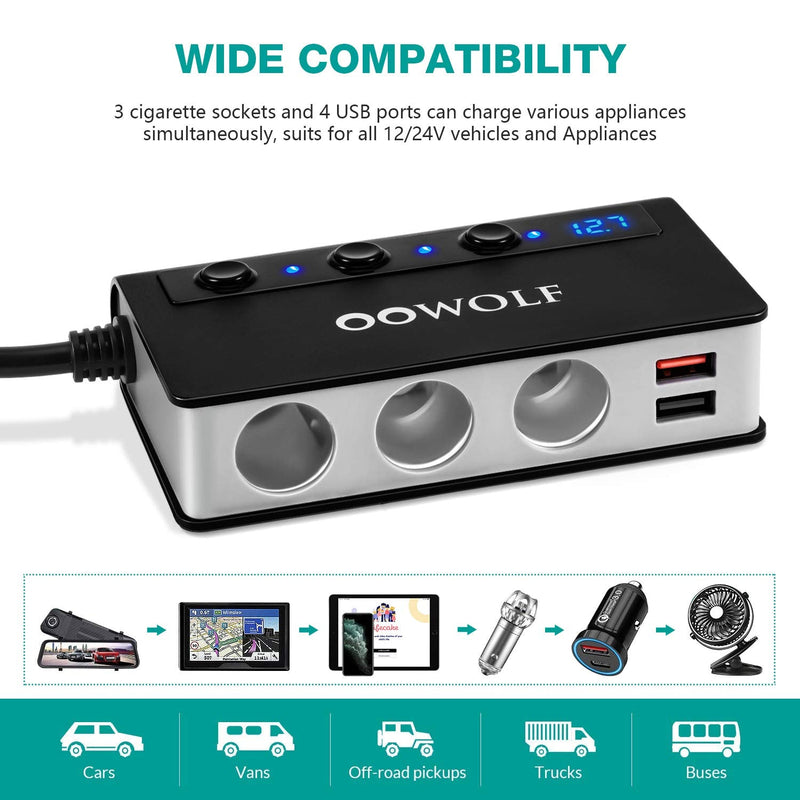  [AUSTRALIA] - OOWOLF Cigarette Lighter Adapter Quick Charge 3.0 180W 12V/24V 3-Socket Power Splitter 4 USB Ports Car Power Adapter Car Splitter for GPS, Dash Cam, Sat Nav, Phone, Tablet, etc Gray