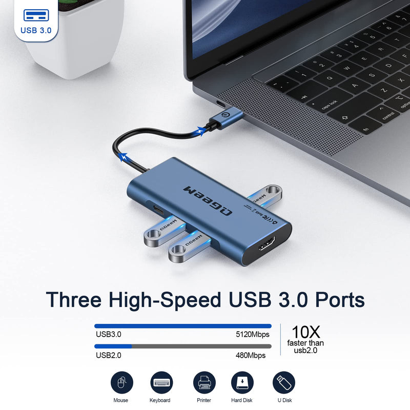  [AUSTRALIA] - USB C Hub, QGeeM USB C to HDMI Multiport Adapter 4k, 7 in 1 USB C Dongle with 100W Power Delivery,3 USB 3.0 Ports, SD/TF Card Reader, Compatible with MacBook Ipad HP Dell XPS and More Type C Device Blue