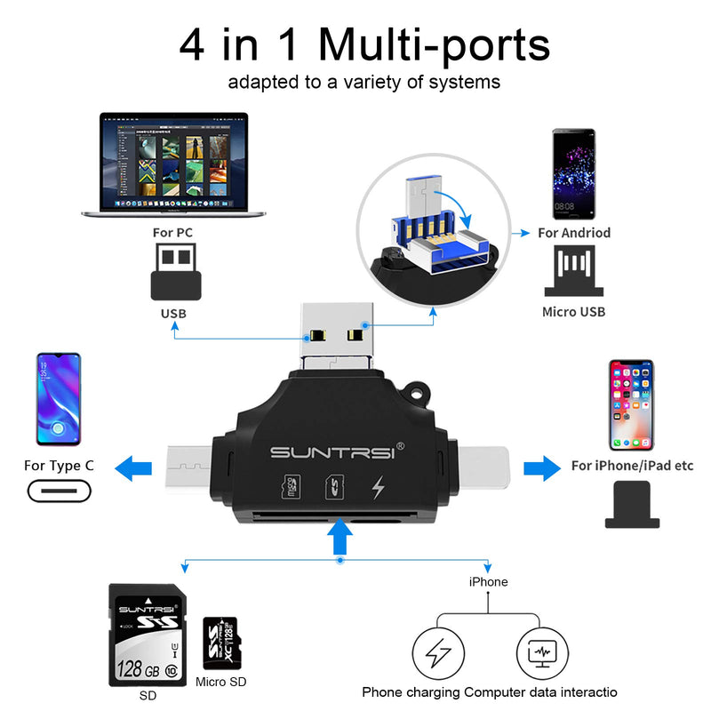  [AUSTRALIA] - 4 in 1 SD Card Reader for iPhone ipad Android Mac PC Camera,Micro SD Card Reader SD Card Adapter Portable Memory Card Reader Trail Camera Viewer Compatible with SD and TF Card black