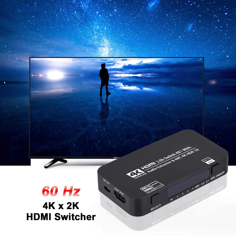  [AUSTRALIA] - HDMI Switch 4x1 with Audio Extractor, 4K@60Hz Ultra HD HDMI Switcher with Optical TOSLINK SPDIF, 3.5mm Audio Support ARC Function, 3D, 1080P @120Hz, 4Kx2k @60Hz HDTV (IR Wireless Remote Control) Black