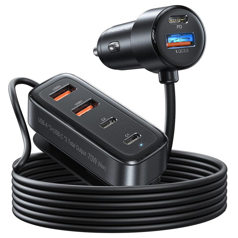  [AUSTRALIA] - USB C Car Charger 6-Port, AINOPE 70W Super Fast USB Car Charger Fast Charging, PD & QC3.0 Cigarette Lighter USB Charger Multi Port with 5FT Cable Compatible with iPhone 14/iPad Pro/Samsung