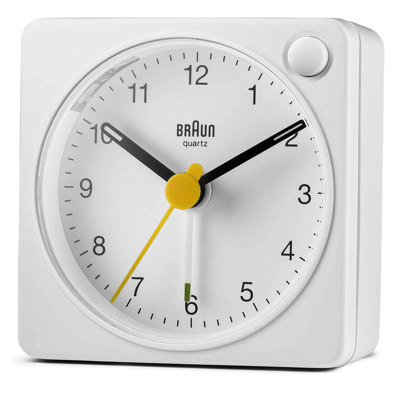  [AUSTRALIA] - Braun Classic Travel Analogue Clock with Snooze and Light, Compact Size, Quiet Quartz Movement, Crescendo Beep Alarm in White, Model BC02XW, One