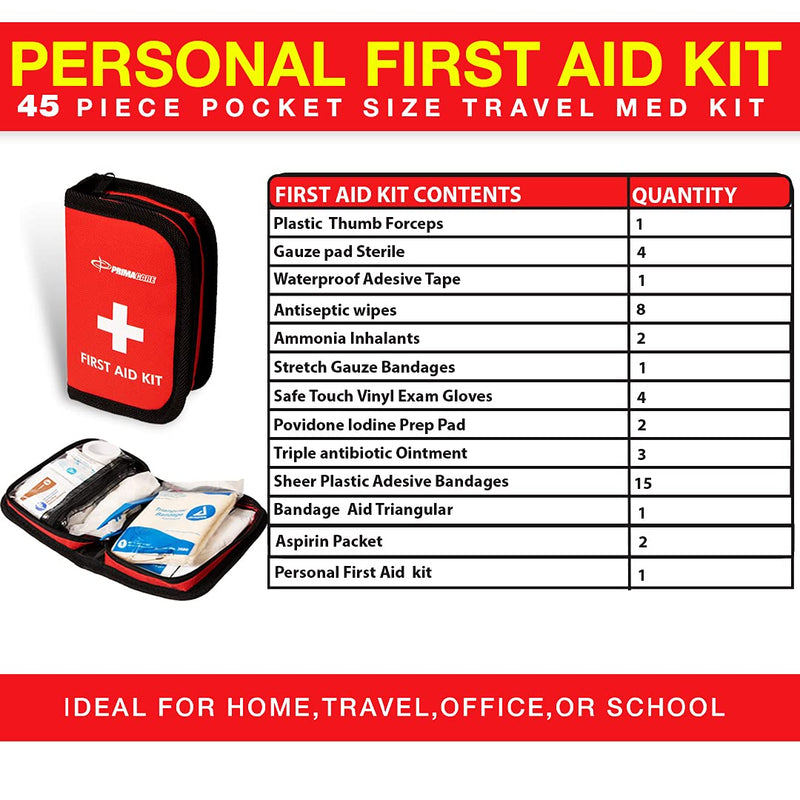  [AUSTRALIA] - Primacare KB-7411 45 Piece Personal First Aid Kit, 6"x4"x1", with Emergency Medical Supplies, Pocket Size Essential Travel Bag, Med Kits, Red